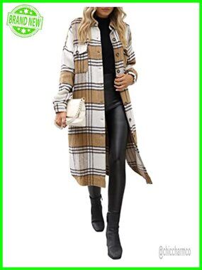 Plaid Flannel Shacket Women Long Button Down Trench Coat Fall Layering Jacket